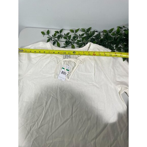 Nine West White Linen Blend Peasant Blouse With Elastic Cuffs & Tie Neck Size L - Picture 11 of 13